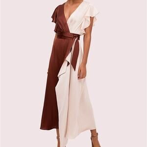 Kate Spade Brown Cream Colorblock Flutter Sleeve Faux Wrap Tie Midi Dress 4